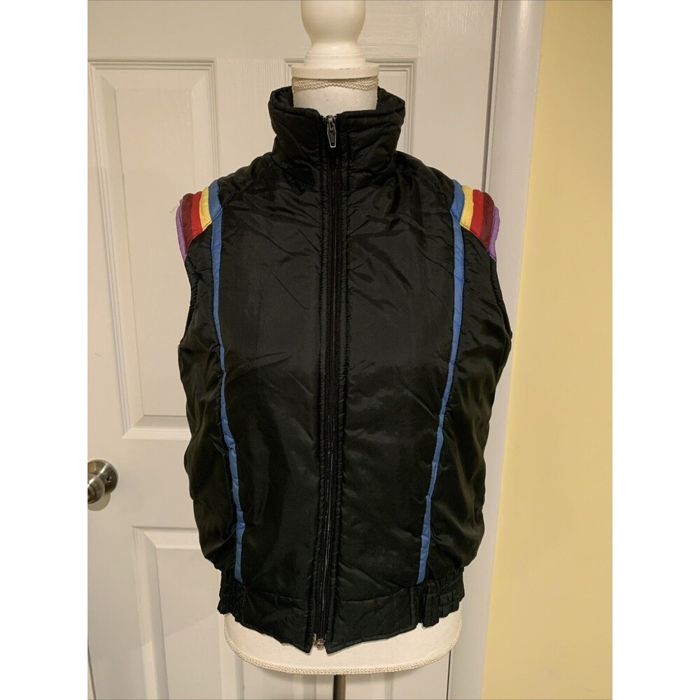 Vintage N.O.A. Brand Women's Black Puffer Ski Vest Rainbow Stripes Korea Sz M